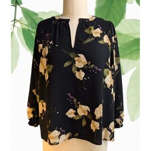Ava & Viv Womens 1X Black Yellow Floral Split Neck Smocked Balloon Sleeve Blouse